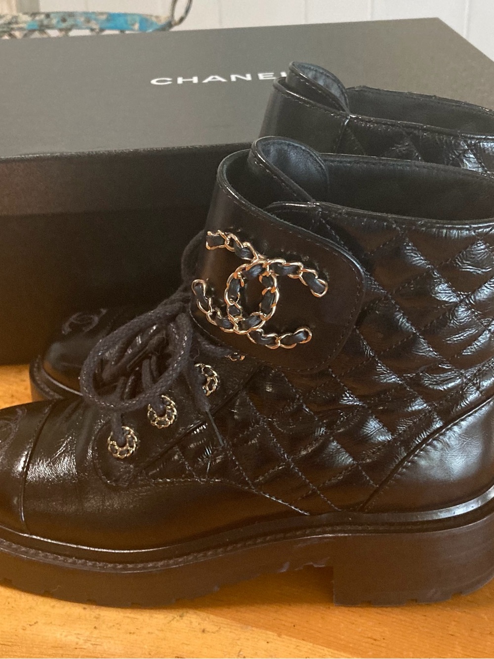 CHANEL Authentic Black Shiny Leather Low Heel Lace Up Combat Boots USA Size 6~